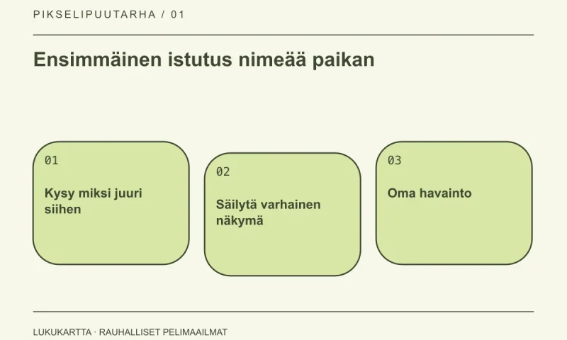 Lukukartta: Ensimmäinen istutus nimeää paikan. Kysy miksi juuri siihen, Säilytä varhainen näkymä, Oma havainto.