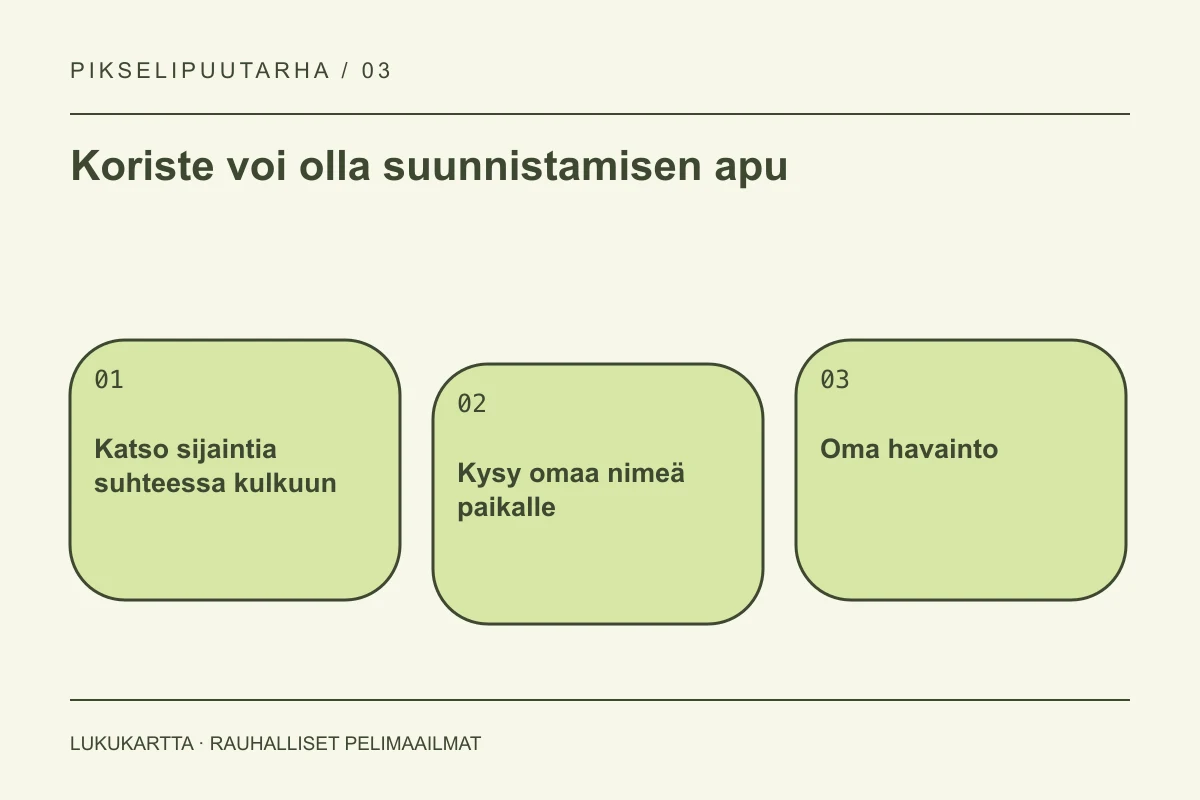 Lukukartta: Koriste voi olla suunnistamisen apu. Katso sijaintia suhteessa kulkuun, Kysy omaa nimeä paikalle, Oma havainto.