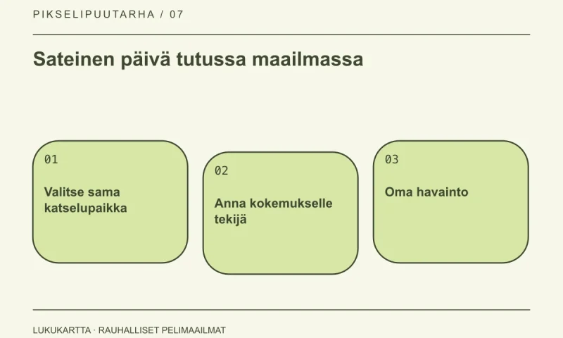 Lukukartta: Sateinen päivä tutussa maailmassa. Valitse sama katselupaikka, Anna kokemukselle tekijä, Oma havainto.